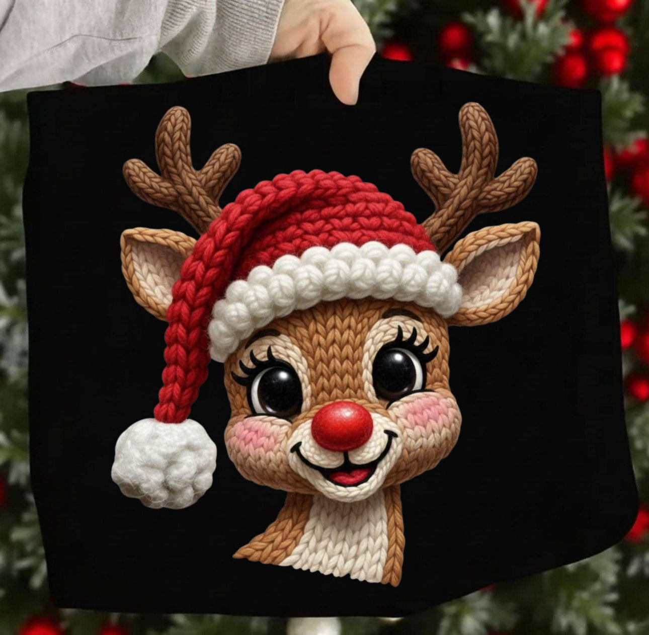 Knit Reindeer Santa Hat Christmas Sweatshirt
