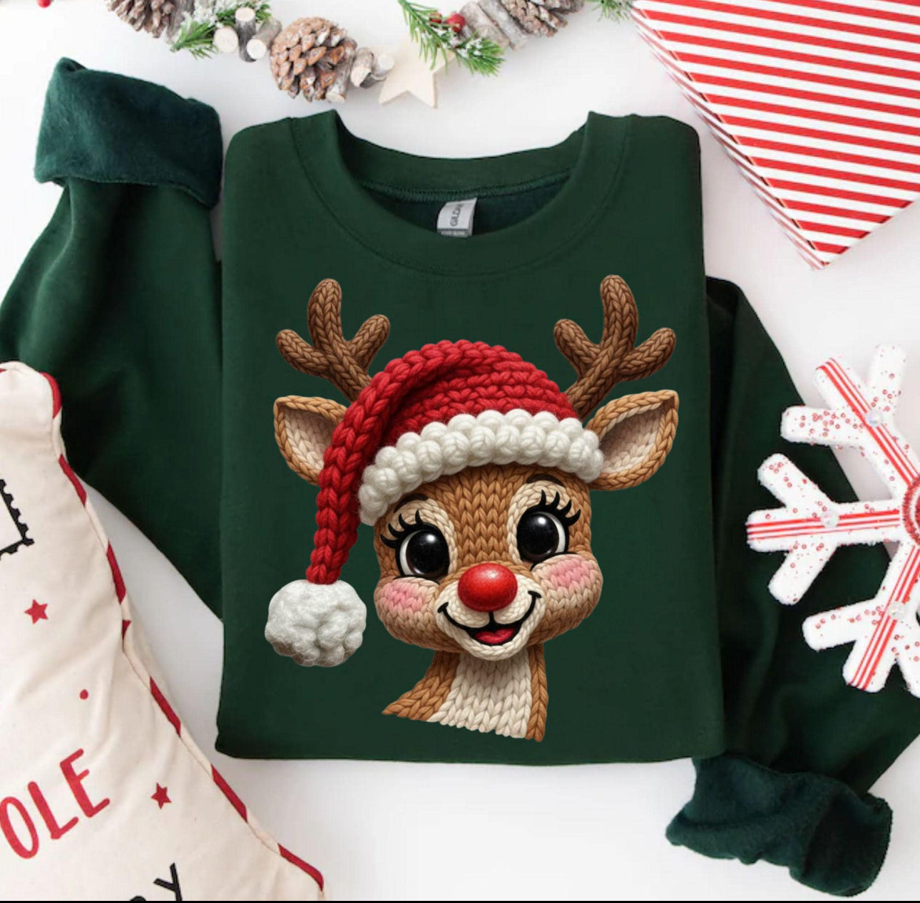 Knit Reindeer Santa Hat Christmas Sweatshirt